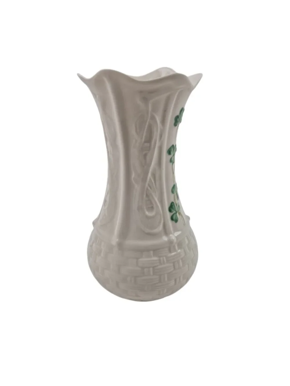 Belleek Shamrock Kells Vase Porcelain 6 in Basketweave Green Mark Vintage
